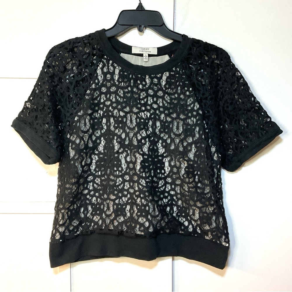 Black Lace Short Sleeve Top with Nude Lining